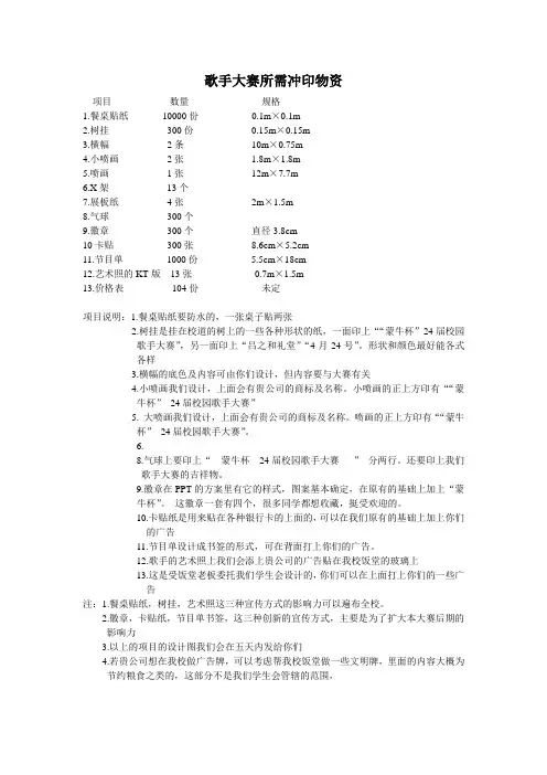 歌手大赛所需冲印物资