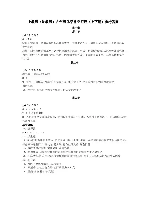 上教版（沪教版）九年级化学补充习题（上下册）参考答案【最..