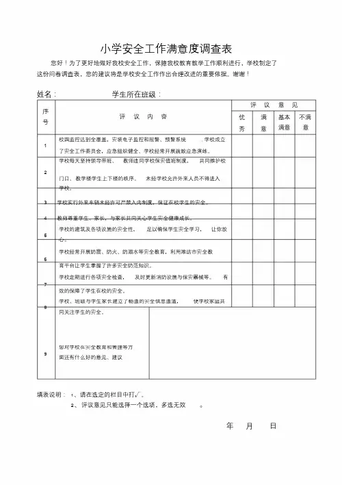 小学安全工作满意度调查问卷