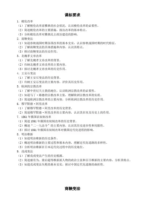 高中历史选修一《历史上重大改革回眸》高考考点归纳