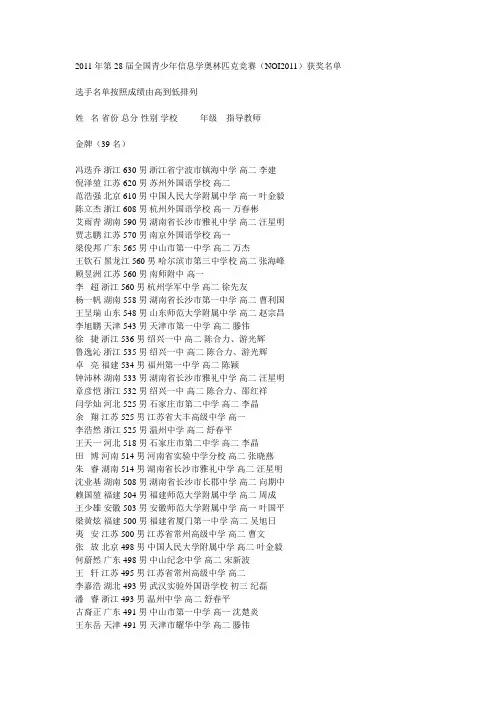 2011年第28届全国青少年信息学奥林匹克竞赛获奖名单