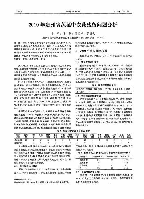 2010年贵州省蔬菜中农药残留问题分析