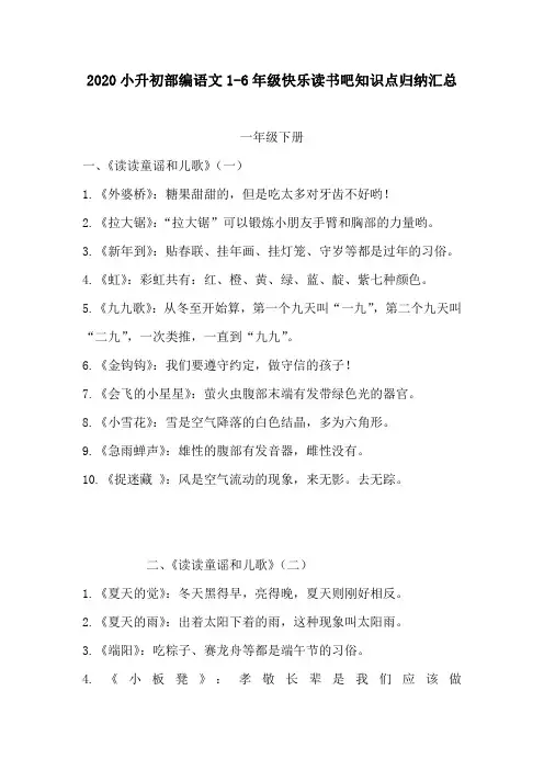2020小升初部编语文1-6年级“快乐读书吧”知识点整理归纳汇总