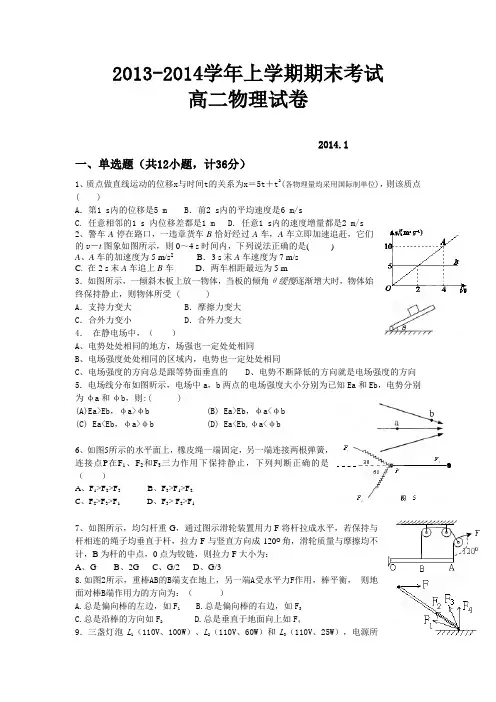 2013-2014学年上学期期末考试高二物理试卷(含答案)