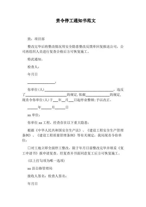 责令停工通知书范文
