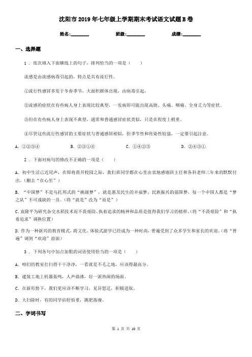 沈阳市2019年七年级上学期期末考试语文试题B卷