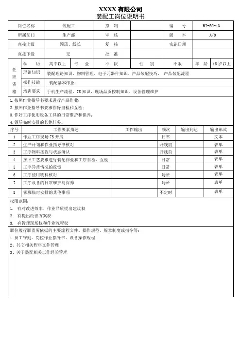装配工岗位说明书