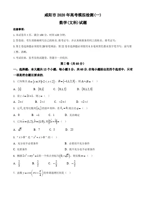 陕西省咸阳市2020届高三高考模拟检测文科数学试题(附答案解析)