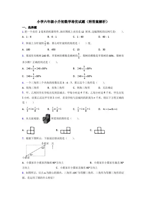 小学六年级小升初数学培优试题(附答案解析)