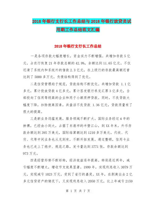 2018年银行支行长工作总结与2018年银行放贷员试用期工作总结范文汇编.doc