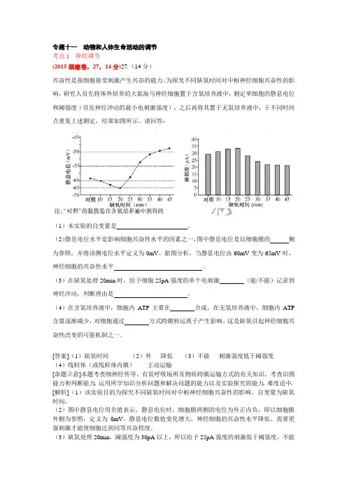 2015年高考生物真题汇编专题10：动物和人体生命活动的调节