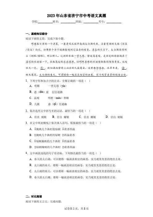 【中考真题】2023年山东省济宁市中考语文真题(附答案)