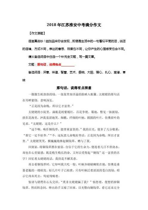 2018年江苏淮安中考满分作文《那句话,说得有点深意》3