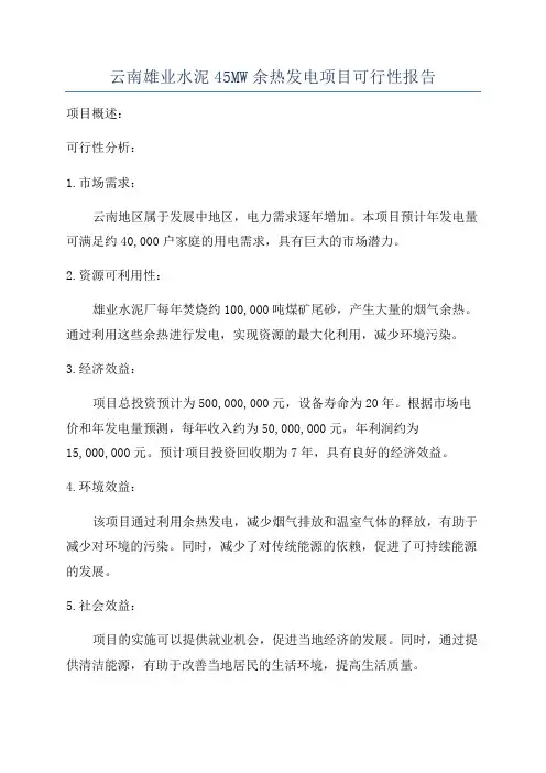 云南雄业水泥45MW余热发电项目可行性报告