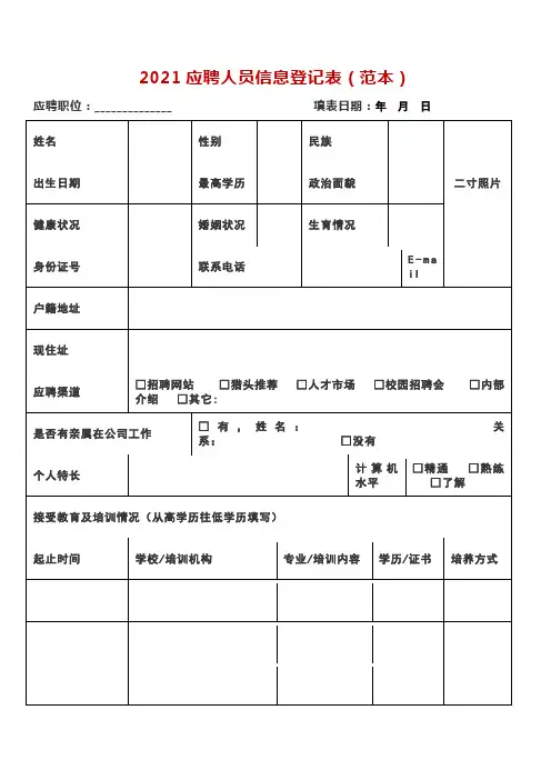 2021应聘人员信息登记表(范本)