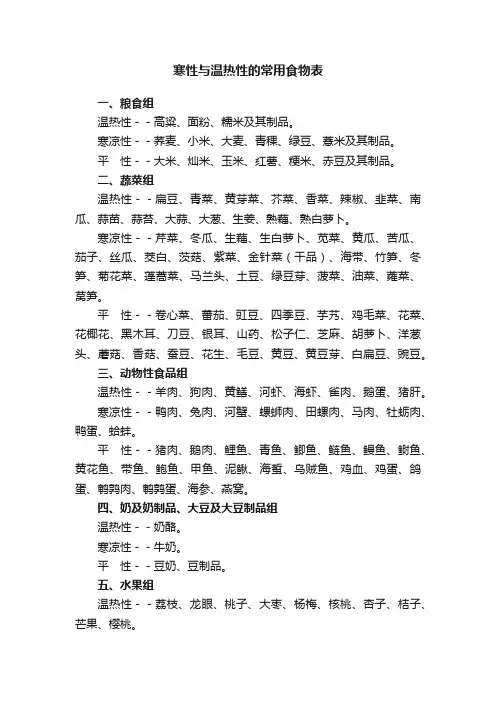 寒性与温热性的常用食物表