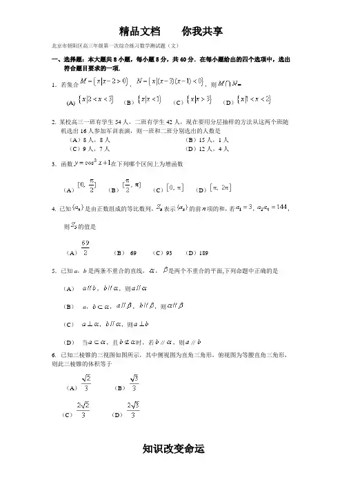 北京市朝阳区高三年级第一次综合练习数学测试题