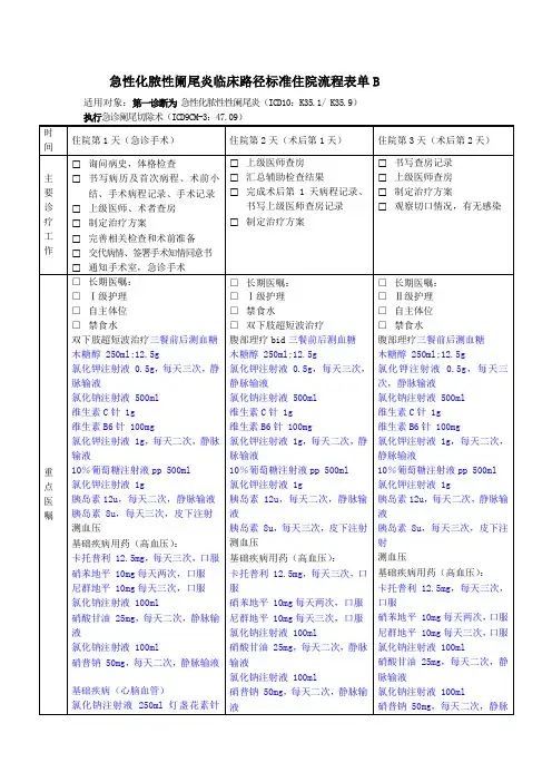急性化脓性阑尾炎临床路径标准住院流程表单B
