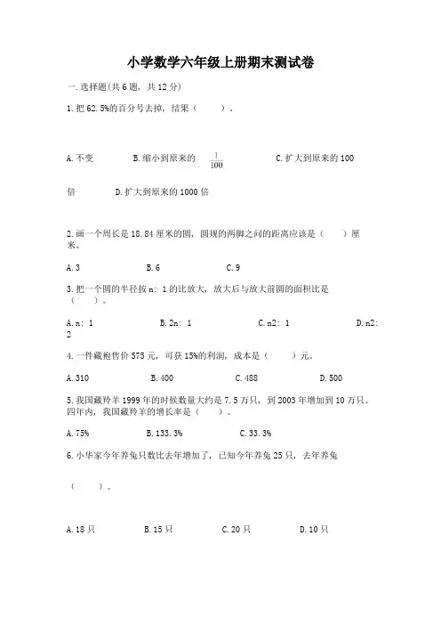 小学数学六年级上册期末测试卷含答案(基础题)