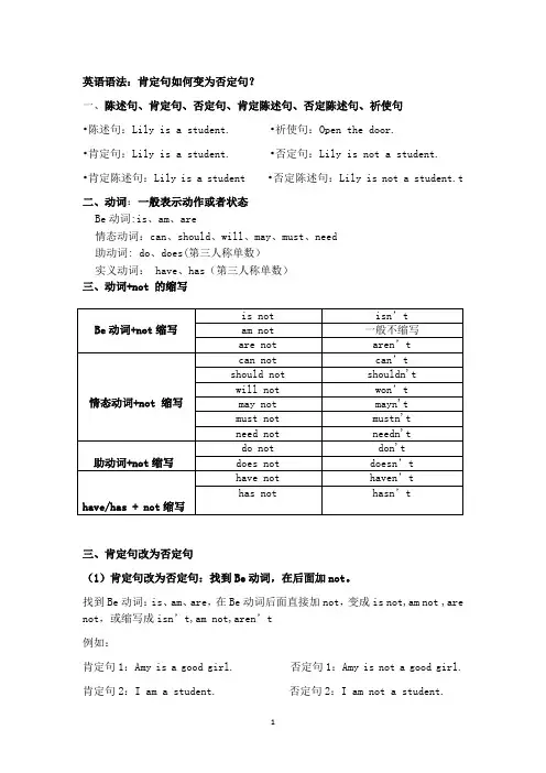 小学英语肯定句改为否定句(知识点+练习题)