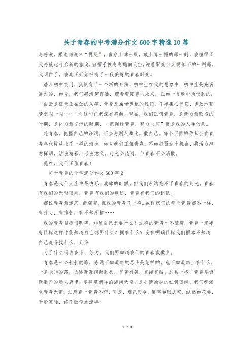 关于青春的中考满分作文600字精选10篇