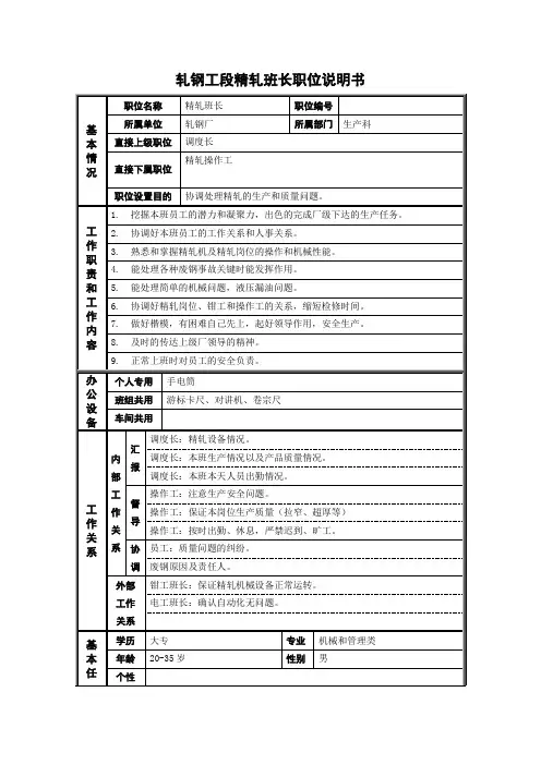 轧钢工段精轧班长职位说明书