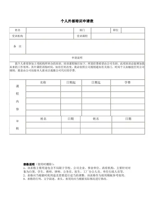 个人外部培训申请表