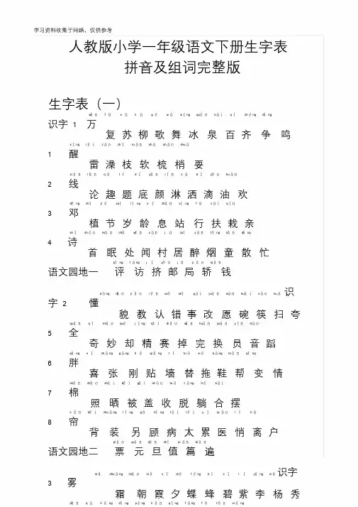 人教版小学一年级语文下册生字表拼音注音及组词完整版