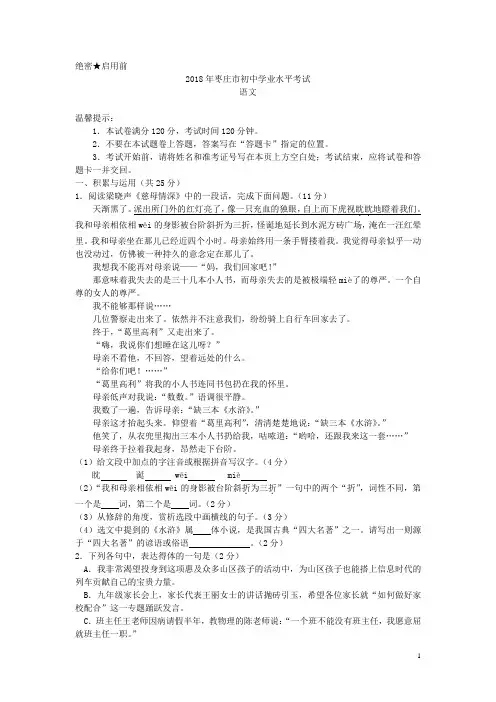 山东省枣庄市2018年中考语文试题及答案(真题试卷)