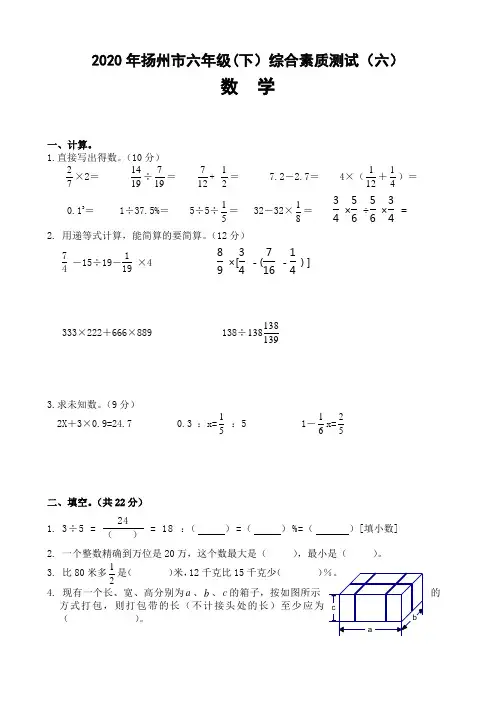 2020年江苏省扬州市六年级(下)综合素质测试(六)数学卷  苏教版(含答案)