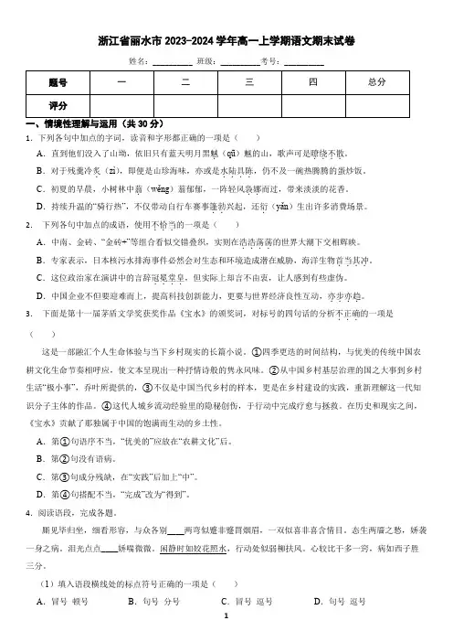 浙江省丽水市2023-2024学年高一上学期语文期末考试试卷(含答案)
