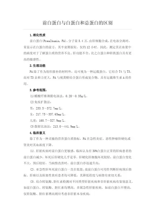 (仅供参考)前白蛋白与白蛋白和总蛋白的区别