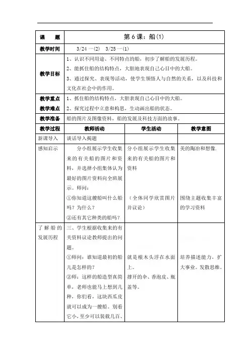 人美版一年级下册美术教案全册表格式-10、第6课 船(1)