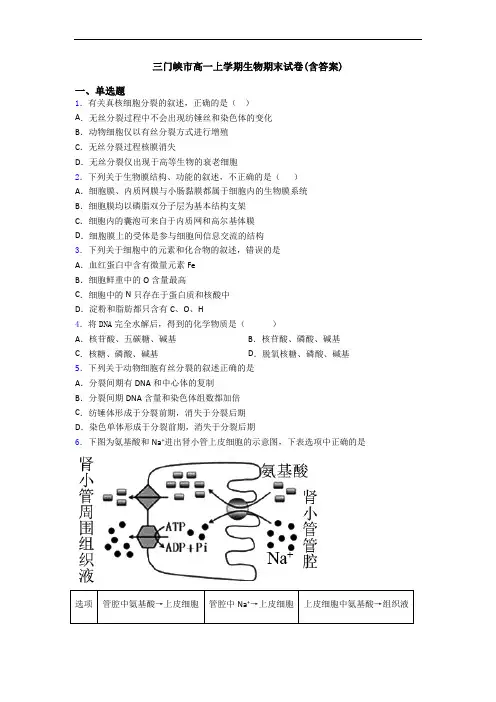 三门峡市高一上学期生物期末试卷(含答案)