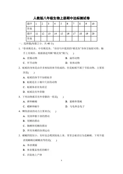 人教版八年级生物上册期中达标测试卷含答案
