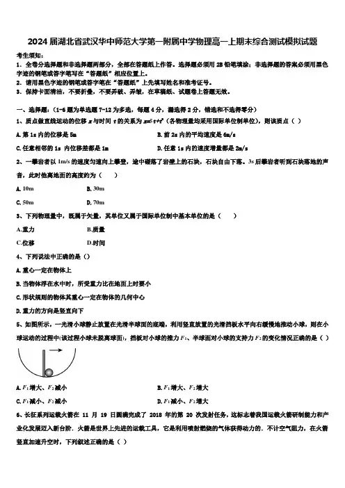 2024届湖北省武汉华中师范大学第一附属中学物理高一上期末综合测试模拟试题含解析