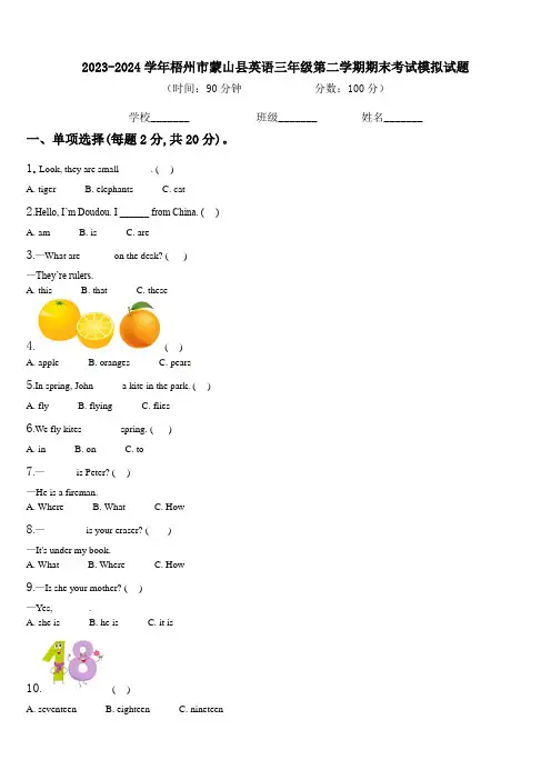 2023-2024学年梧州市蒙山县英语三年级第二学期期末考试模拟试题含解析