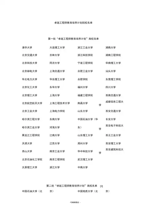 卓越工程师教育培养计划院校名单