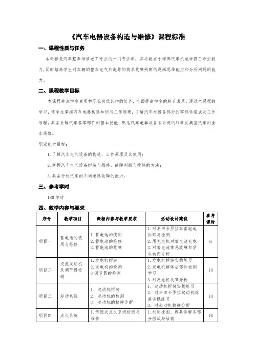 《汽车电器设备构造与维修》课程标准