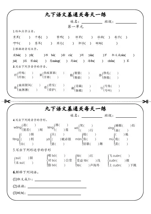 九年级语文下册基础知识通关每天一练(附答案)