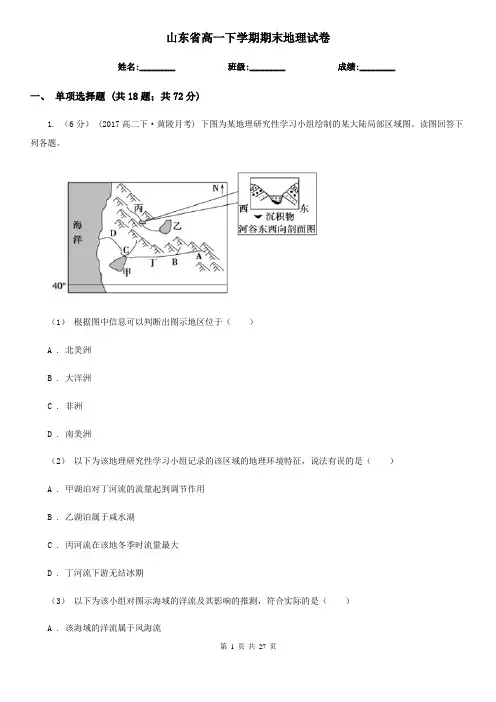 山东省高一下学期期末地理试卷