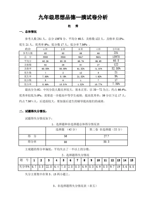 九年级思想品德一摸试卷分析