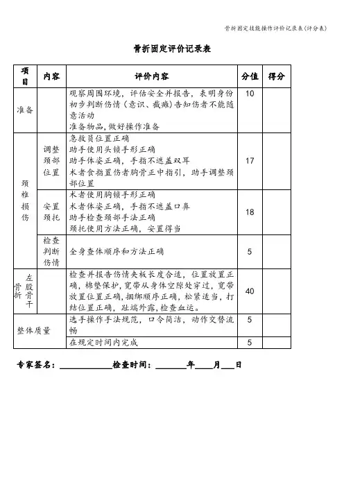 骨折固定技能操作评价记录表(评分表)