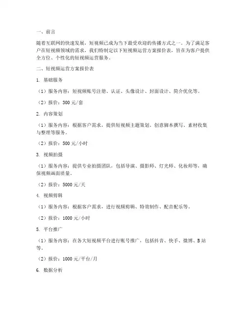 短视频运营方案报价表
