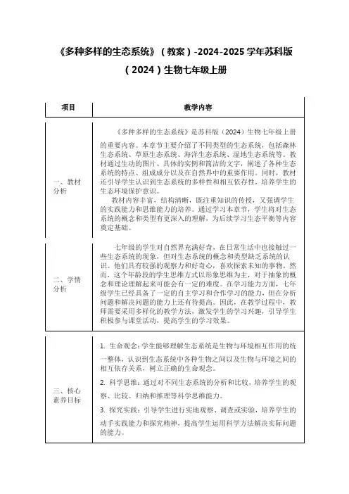 《多种多样的生态系统》(教案)-2024-2025学年苏科版(2024)生物七年级上册