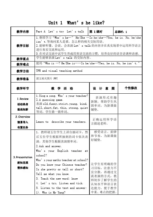 五年级上册Unit 1  What's he like