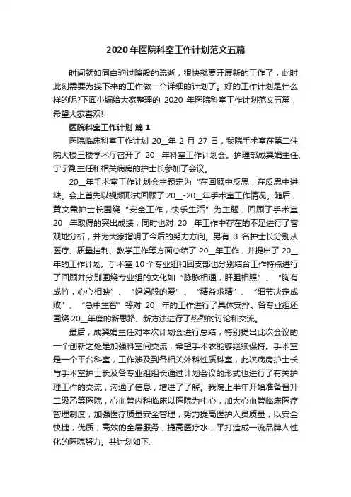 2020年医院科室工作计划范文五篇