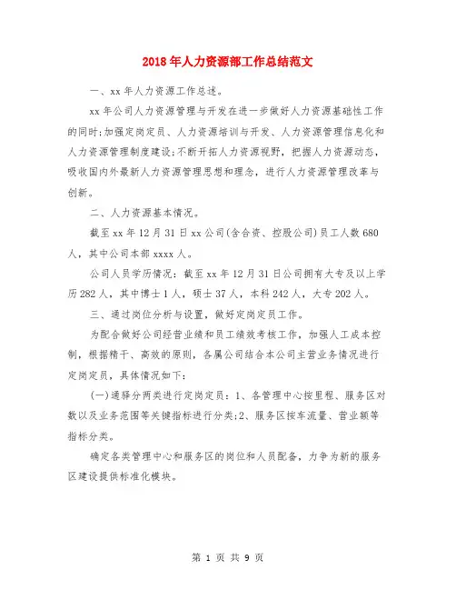 2018年人力资源部工作总结范文