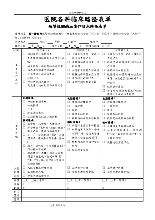 医院各科临床路径表单