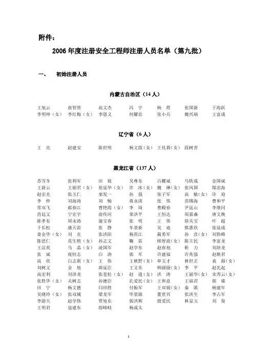 2006年度注册安全工程师注册人员名单(第九批)